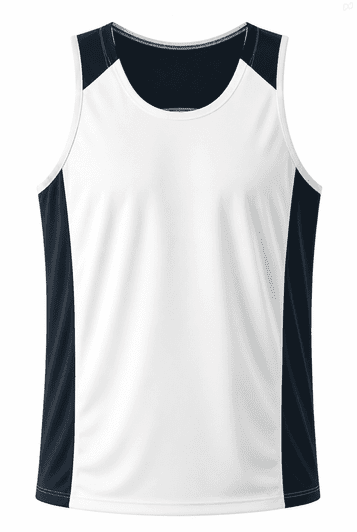 A men's singlet featuring a white front and navy blue sides, designed for casual wear or athletic use.