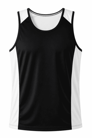 A black singlet with white side panels, featuring a logo on the front. Suitable for sports and casual wear.