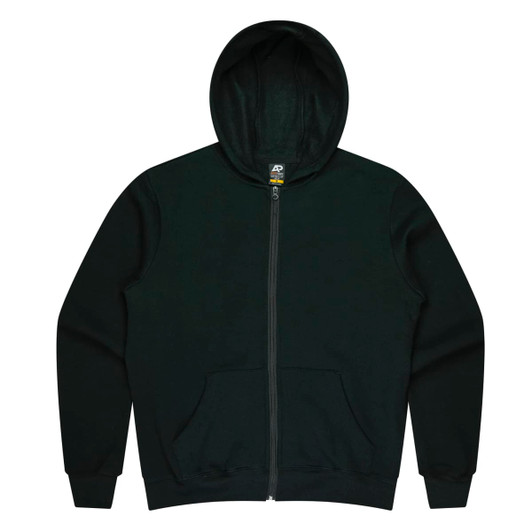 A green zip-up hoodie with a hood and front pockets, featuring a logo.