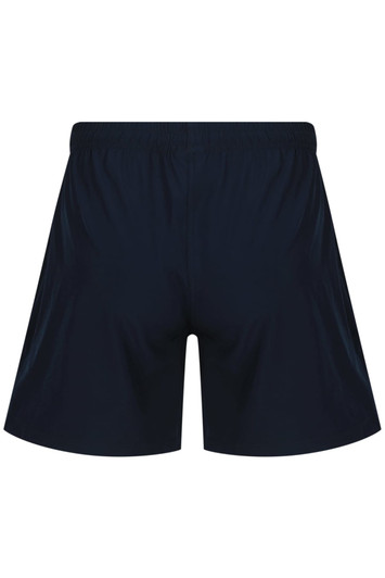 Navy blue men's sports shorts with an elastic waistband and no visible branding.