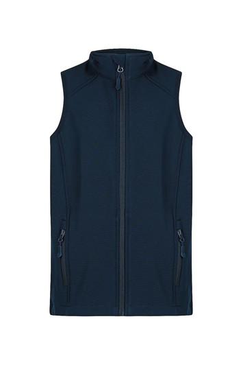 A navy vests featuring a zip front and two side pockets, designed for kids. It has a logo on the chest.