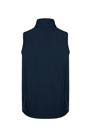 A dark blue kids' vest with a high collar, featuring a logo on the back.