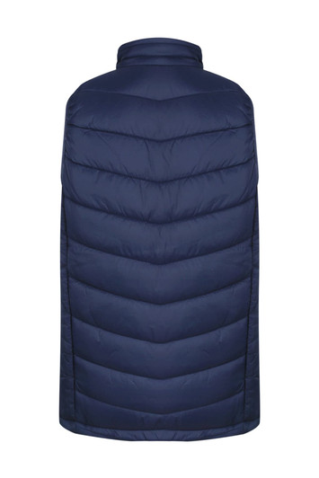 A navy blue puffy vest with a quilted design, featuring a high collar and no visible front opening.
