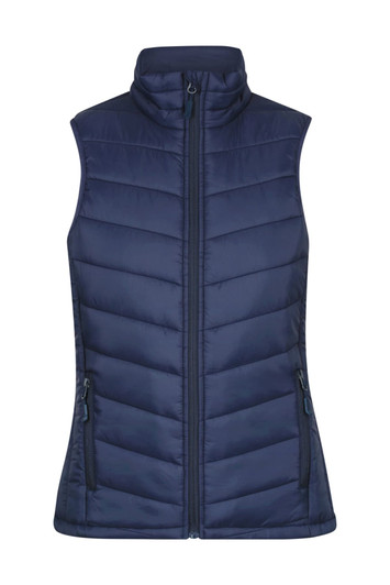 A navy blue quilted vest with a high collar and two zippered pockets, featuring a logo.