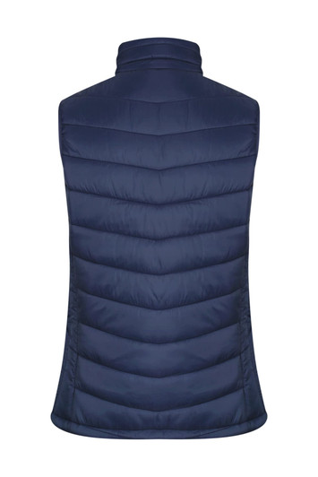 A navy puffer vest with a high collar and quilted design, featuring a branding logo.