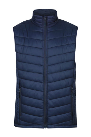 A navy blue padded vest with a high collar and zippered pockets, featuring a logo on the front.