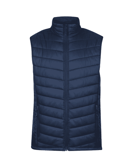 A navy blue men's vest features a quilted design, raised collar, and zippered pockets, with a logo present.