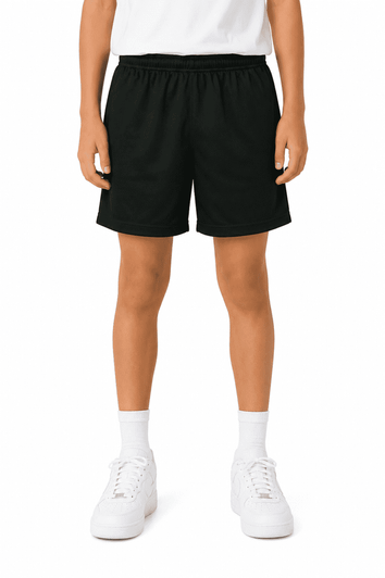 Black sports shorts for kids, featuring an elastic waistband and a subtle logo on the side.