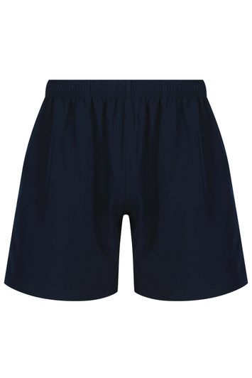 Navy blue men's sports shorts with an elastic waistband and a logo on the front. Suitable for training activities.