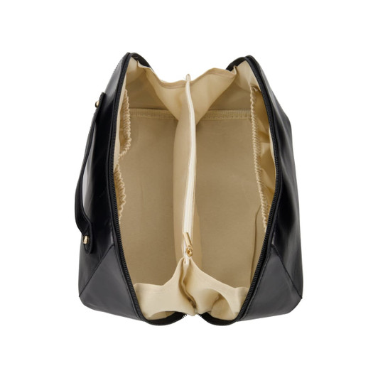 A black toiletry bag with a cream interior, featuring two main compartments separated by a zippered section and a logo.