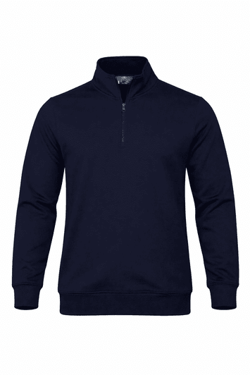 A navy 1/4 zip sweater featuring long sleeves and a ribbed hem, designed for kids. It has a small logo on the chest.