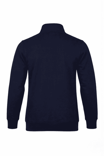 A navy blue men's 1/4 zip sweater with long sleeves and a collar, featuring a logo.