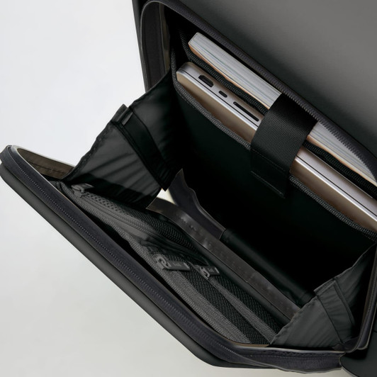 A black carry-on suitcase interior featuring compartments for a laptop and documents. It includes a logo.