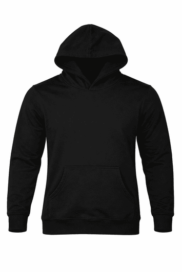 A black hoodie featuring a front pocket and a hood. Includes a logo on the chest area.
