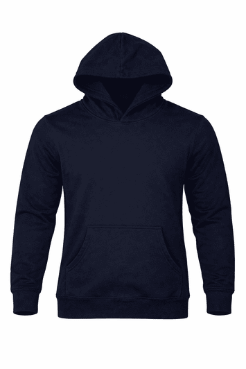 A navy blue men's hoodie featuring a front pocket and a hood, with a branding logo.