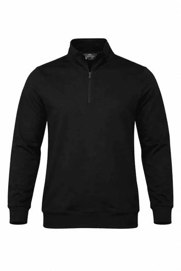 A black 1/4 zip sweater featuring long sleeves and a stand-up collar, with a small logo on the chest.