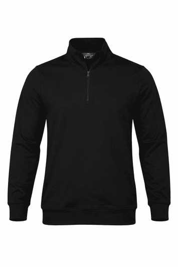 A black men's quarter-zip sweater with long sleeves and a logo on the chest.
