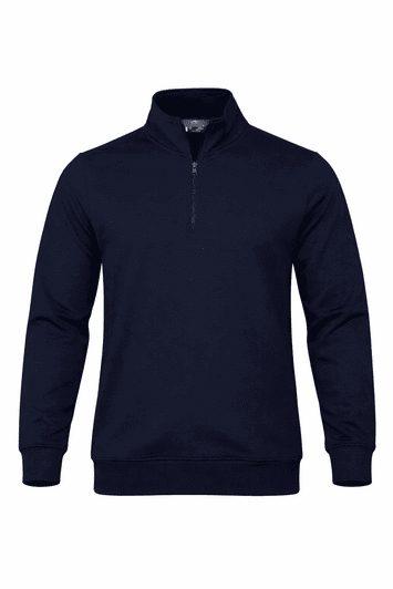 A navy 1/4 zip sweater featuring long sleeves and a ribbed hem, designed for kids. It has a small logo on the chest.