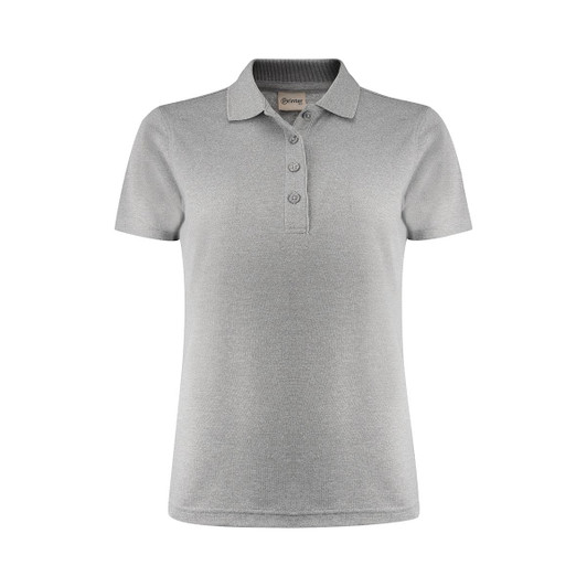 A grey women's polo shirt featuring a classic collar and button-down placket, with a logo on the chest.