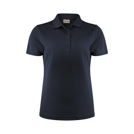 A navy blue women's polo shirt featuring a collar and three buttons, with a logo on the label.