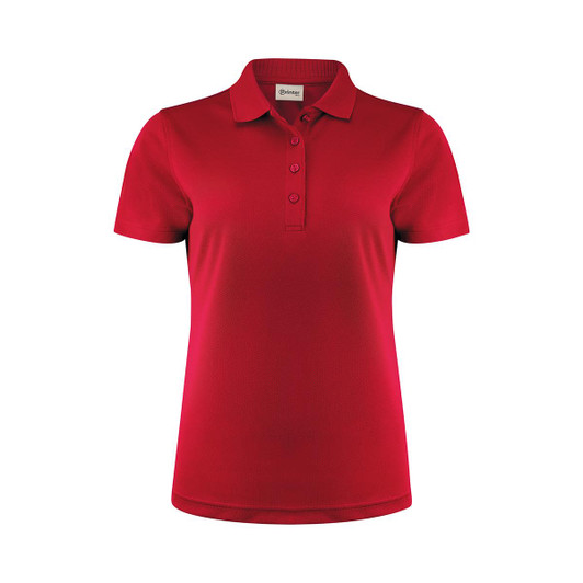 A red women's polo shirt featuring a collar and three buttons, with a logo at the neck.
