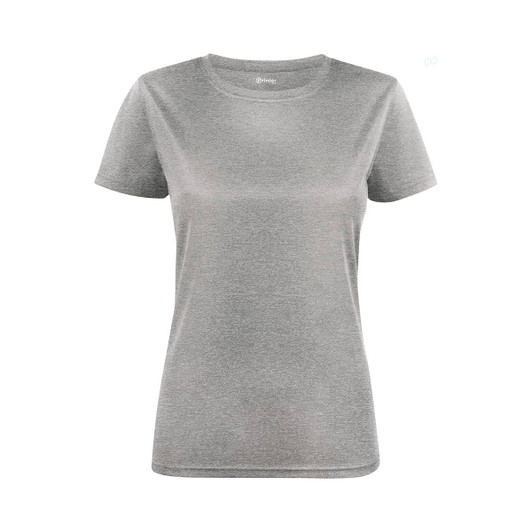A women's active tee in grey, featuring short sleeves and a round neckline, with a logo on the front.