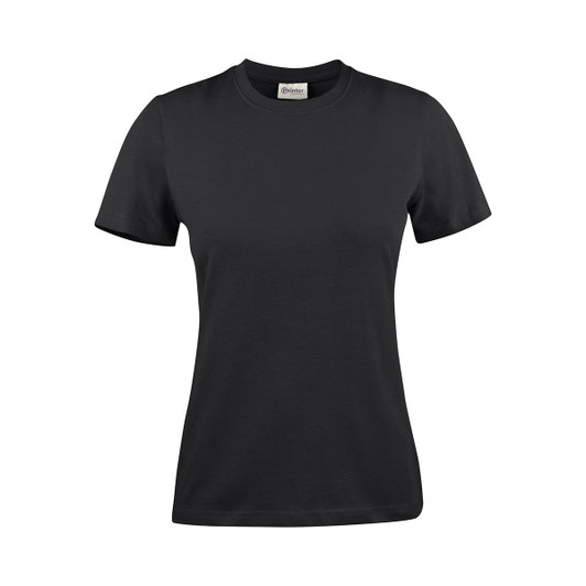 A black women's t-shirt with short sleeves and a round neckline. The shirt has a logo on it.