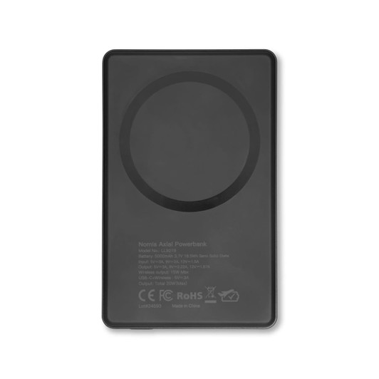 A black solid-state power bank with a circular charging area and a logo on the surface.