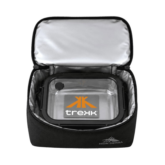 A black insulated lunch bag with a silver interior, featuring a transparent container inside and a logo.