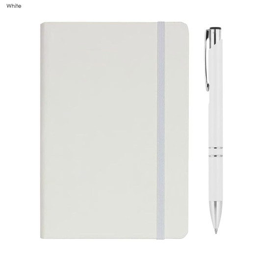 A white A5 notebook with a grey elastic band and a matching white pen. The notebook has a logo on the cover.