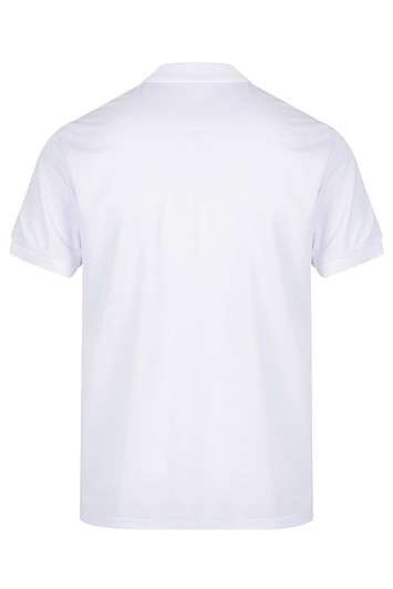 A white polo shirt with a classic collar and short sleeves, featuring a logo. Styled for casual wear.