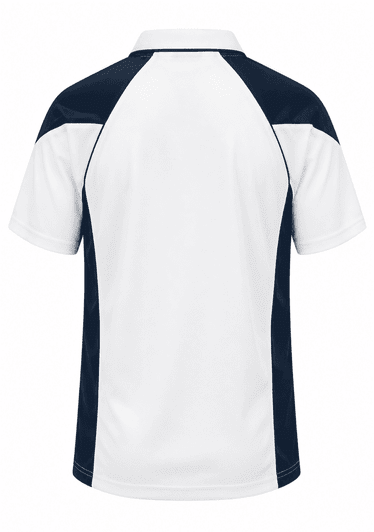 A polo shirt featuring a white body with navy blue side panels and a logo on the front.