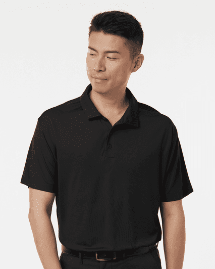 A black men's polo shirt features a collar, short sleeves, and a logo on the chest. 