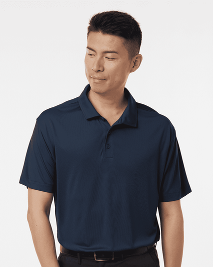 A navy blue men's polo shirt with a collar and short sleeves, featuring a logo on the chest area.