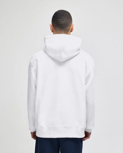 A white pullover hooded sweatshirt featuring a hood and a logo, shown from the back.