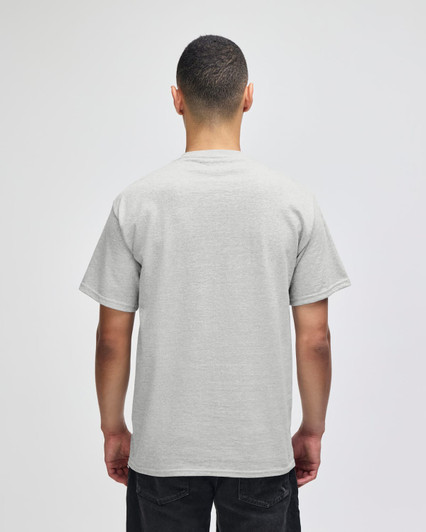 A grey Champion adult short-sleeve T-shirt viewed from the back, featuring a simple design and relaxed fit.