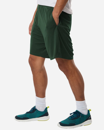 Men's Pro-Lock Performance Short in dark green, featuring side pockets and a comfortable fit. Includes a logo.