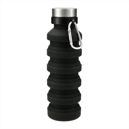 A drink bottle in black silicone with a silver cap and a carabiner attachment, featuring a collapsible design.