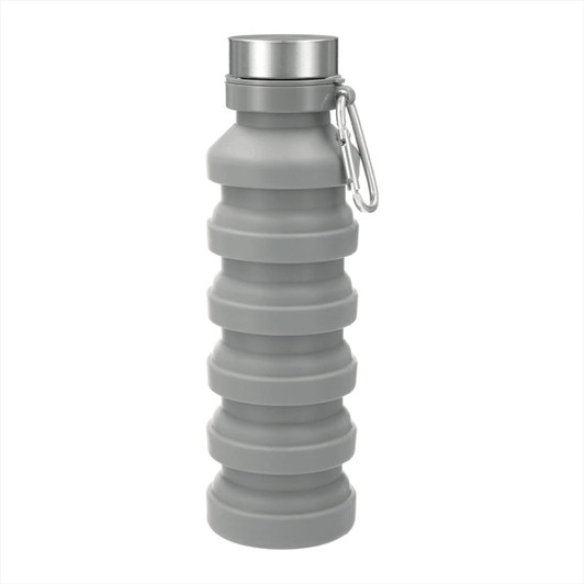A drink bottle in grey with a collapsible design and a silver cap, featuring a carabiner attachment.