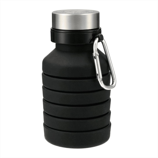 A drink bottle made of black silicone, featuring a collapsible design and a silver screw-on lid with a carabiner.