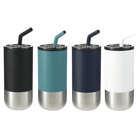 A drink bottle featuring a stainless steel base and a plastic body in black, teal, navy, and white with straws.