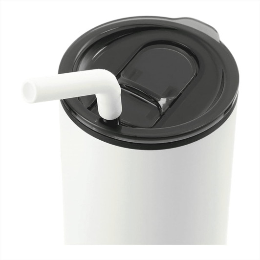A drink bottle with a white body, black lid, and white stainless steel straw. It features a logo on the side.