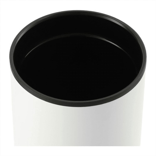 A drink bottle featuring a white exterior and a black interior, with a stainless steel straw. It has a logo.