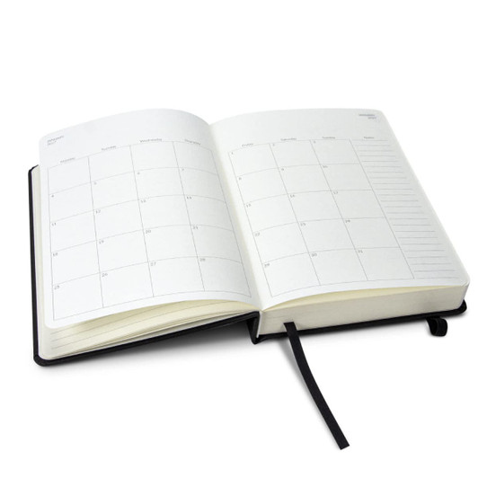 A5 daily diary for 2027 with a black cover, featuring blank monthly calendar pages and a bookmark ribbon.