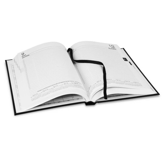An A5 daily diary for 2026, featuring a black cover and an open layout with blank pages and a bookmark.