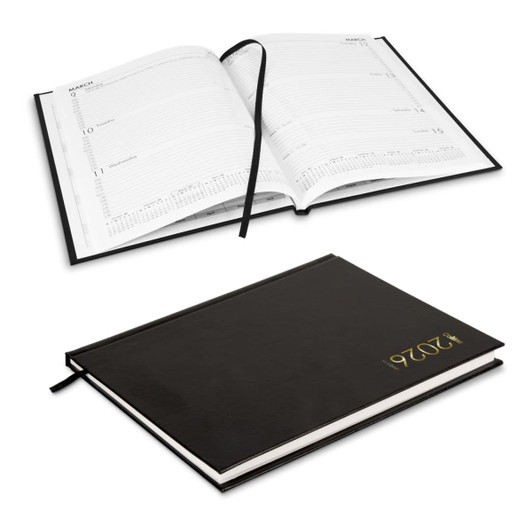 A black A5 weekly diary for 2026, featuring a ribbon bookmark and organised weekly pages.