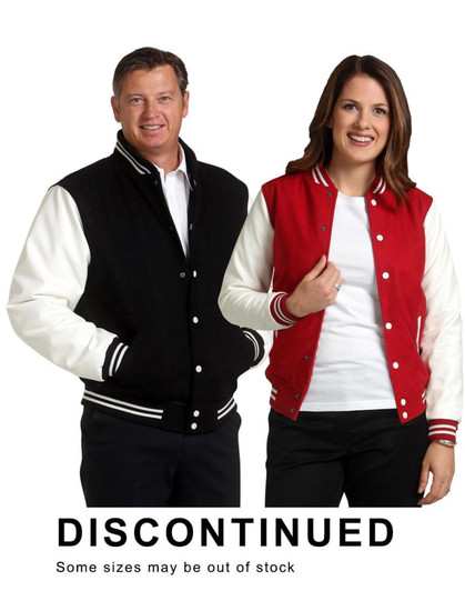A wool blend varsity jacket in black and white on a man, and red and white on a woman, both featuring stripes on the sleeves.