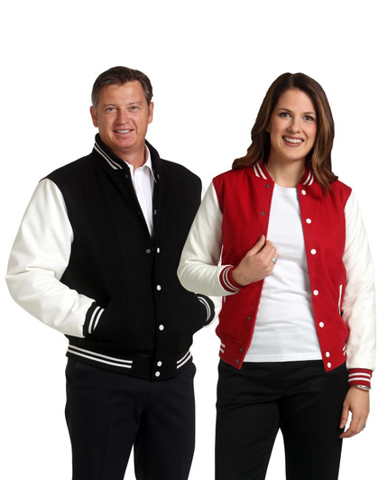 A wool blend varsity jacket featuring black and white and red and white colour options, displayed on male and female models.