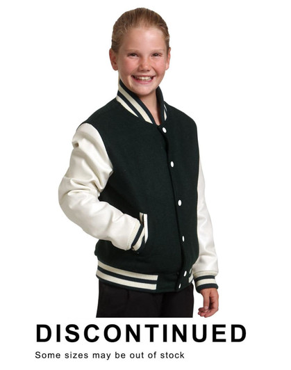 A kid's wool blend varsity jacket in dark green with cream sleeves and a logo on the chest.