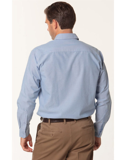 A back view of a men's long sleeve shirt in light blue, featuring a collar and buttoned cuffs. It has a logo.